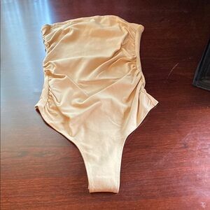 WeWoreWhat Tan Bodysuit Beige Cotton Rib, Ruched on Sides, Snaps